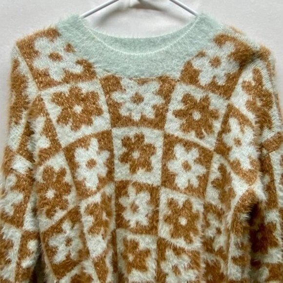 SO Fuzzy Sweater Women Med Mint + Brown Floral Crop Goods For Life Long Sleeve - Picture 2 of 13